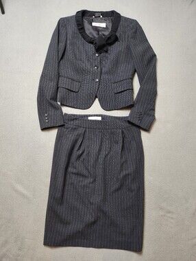 Max Mara Pinstripe Virgin Wool Suit Jacket Skirt Set Bow Collar Italy US 8